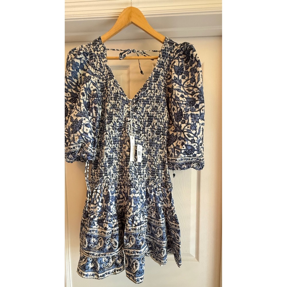Love the Label Mabel Blue Dress Womens M Blue Floral Smocked Puff Sleeve Mini